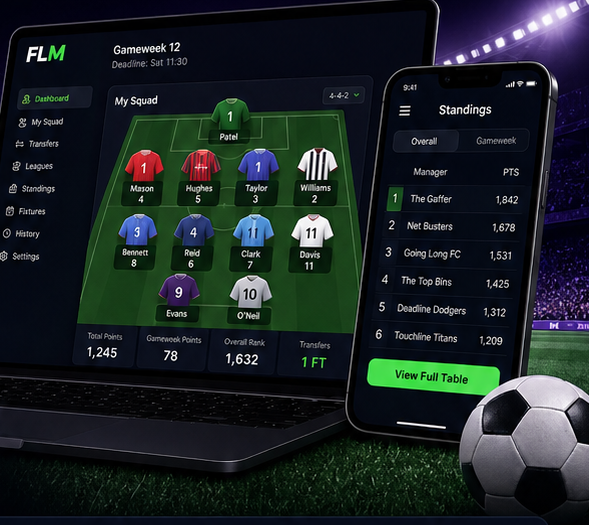 Fantasy football dashboard shown on laptop and mobile with squad and standings screens